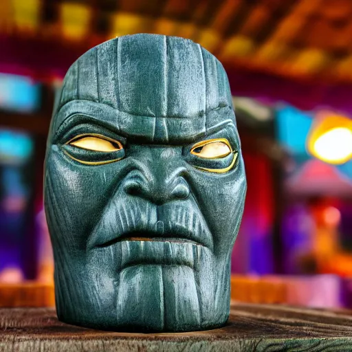 Image similar to a closeup photorealistic photograph of a thanos style tiki mug sitting at a trader vic's beach bar featuring the face of thanos. tiki party. bright scene. fine detail. this 4 k hd image is trending on artstation, featured on behance, well - rendered, extra crisp, features intricate detail, epic composition and the style of unreal engine.