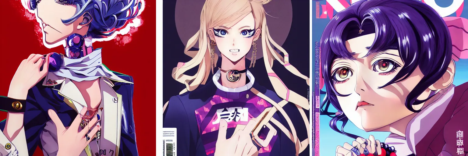 Image similar to Magazine Cover Anime key visual of a Gucci girl; official media; typography; drawn by Hirohiko Araki; Jojo's Bizarre Adventure; Jojolion, portrait, made by Stanley Artgerm Lau, WLOP, Rossdraws, James Jean, Andrei Riabovitchev, Marc Simonetti, Yoshitaka Amano, ArtStation