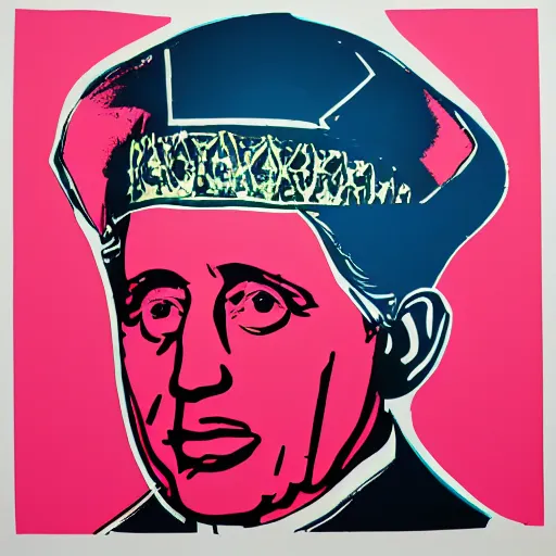 Image similar to portrait of pope benedict xvi wearing tiara on the top of his head in the style of screen print by andy warhol. pop art