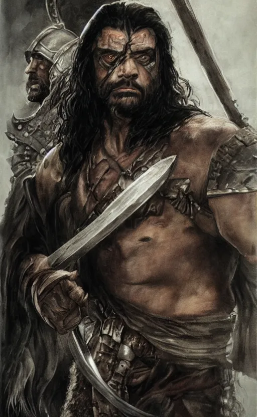 Image similar to oscar isaac as conan the barbarian, portrait, dark atmosphere, high fantasy, chiaroscuro, illustration, art by simon bisley