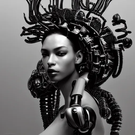 Image similar to portrait of an absurdly beautiful, graceful, sophisticated, fashionable black cyberpunk mechanoid gravure idol, hyperdetailed illustration by irakli nadar, matt wisniewski style, intricate linework, dark black skin, jellyfish headdress, bone necklace, unreal engine 5 highly rendered, global illumination, radiant light, detailed and intricate environment