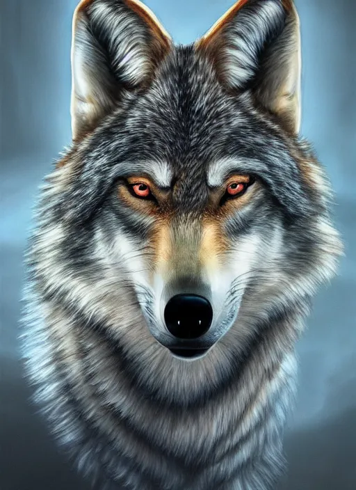 Image similar to a highly detailed airbrush painting of a wolf who is shepard, trending on artstation, unreal 5, daz, hyperrealistic, octane render, dungeons and dragons, dynamic lighting