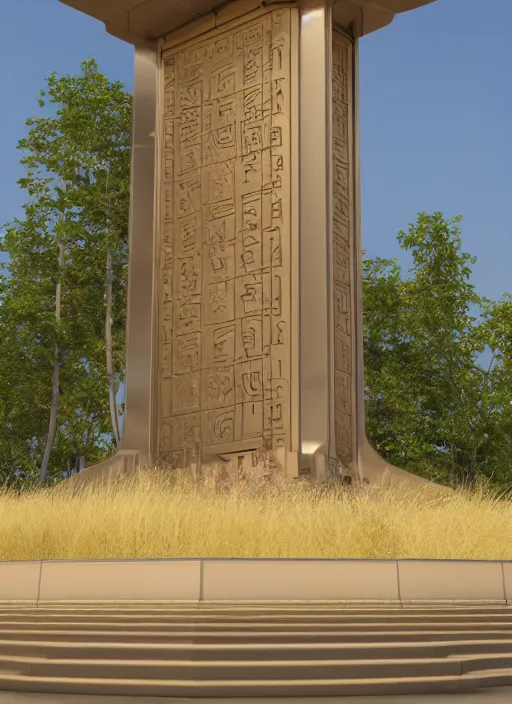 Image similar to highly detailed realistic architecture 3 d render of a metallic stele monument in frank lloyd wright style standing on a side of a highway, archdaily, made in unreal engine 4 octane render