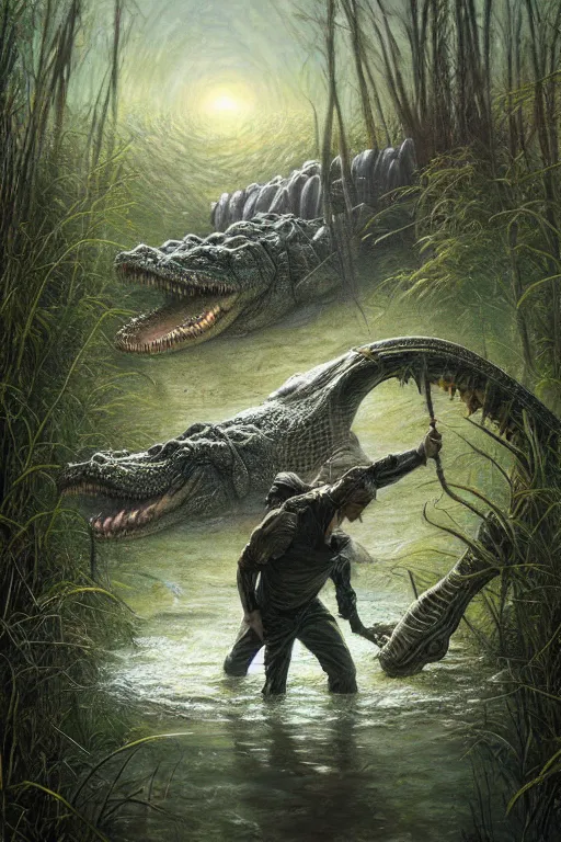 Image similar to a man fighting a giant alligator in a swamp by tomasz alen kopera.