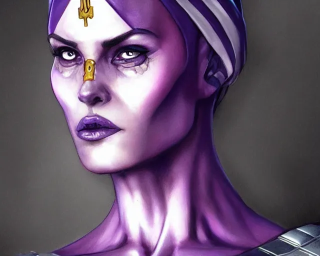 Image similar to thanos as a feminine beautiful muscular woman dressed as a battle nun, highly detailed full body portrait, pretty face, elegant, breathtaking art, concept art, by artgerm and ilya kuvshinov