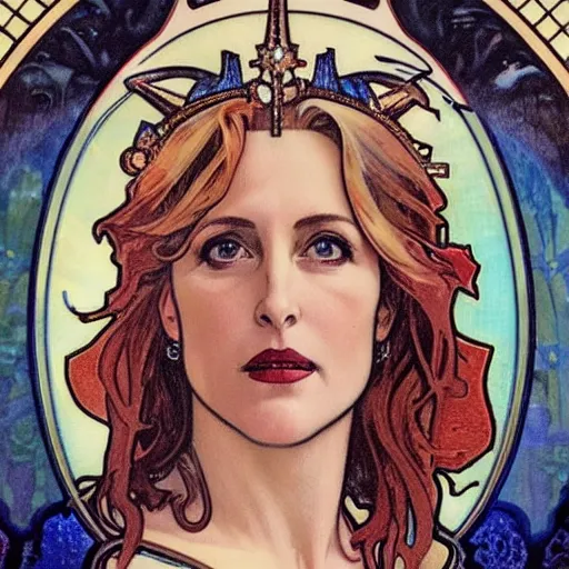 Image similar to gillian anderson portrait by louis - theophile hingre and alphonse mucha, realistic, sharp focus, zodiac signs, tarot cards, planets, ethereal, art nouveau, magic, moon, sun, crown, dreamy, royal, jewellery