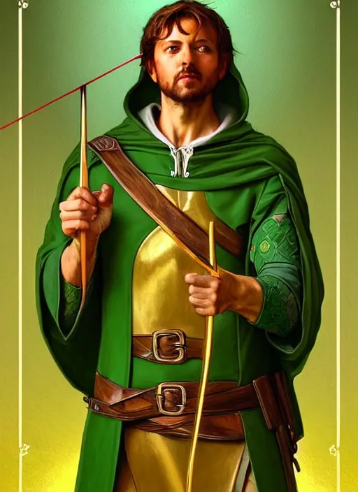 Image similar to symmetry!! portrait of robin hood as a saint in a green medieval suit with a bow and arrows, golden hour, intricate, elegant, highly detailed, digital painting, artstation, concept art, smooth, sharp focus, illustration, art by artgerm and greg rutkowski and alphonse mucha