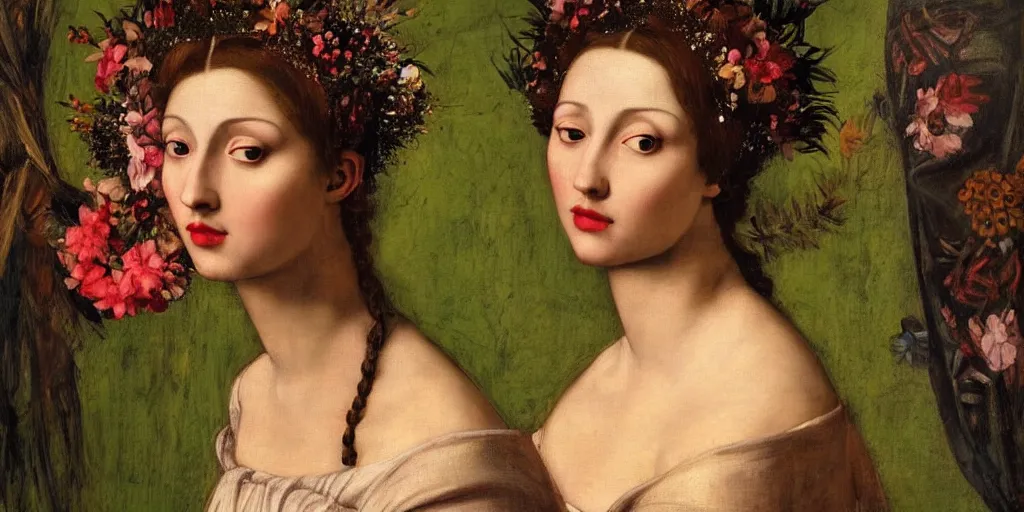 Image similar to a portrait of a very beautiful goddess with a halo behind her head, seductively looking in front, closeup, beautiful aesthetic face, in the style of Caravaggio and Vermeer and Gustav Klimt, realistic, dark, dramatic lighting, large flowers in the background