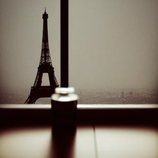 Prompt: perfume bottle on window sill in warm cosy feminine room room with a view of paris eiffel tower, up close shot, sharp focus, zen, clean, modern minimalist, octane highly render, 4 k, ultra hd,