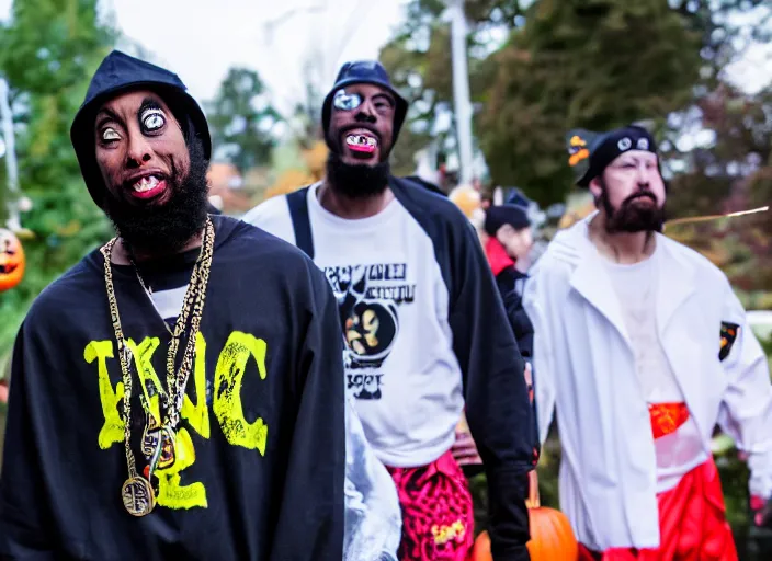 Image similar to dslr photo still of odb of wu tang clan trick or treating on halloween, 4 k, 1 2 0 mm f 1 6