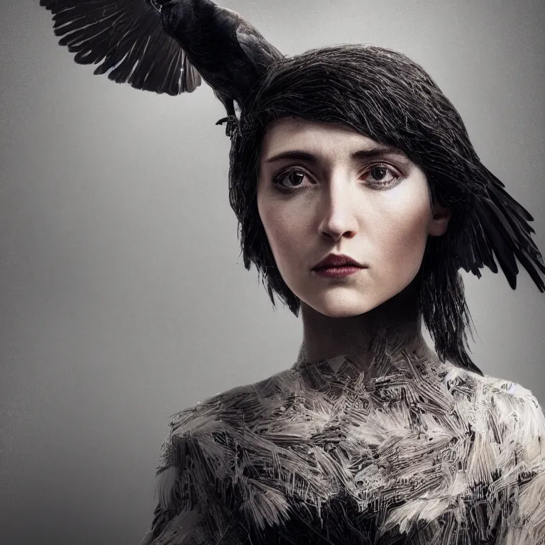 Image similar to hight focus of a wonderful realistic focused sweet wonderful symmetrical mid portrait of a lonely woman with a detailed wonderful, majestic, large dress like a realistic black raven, dramatic light, octane render - 8 k