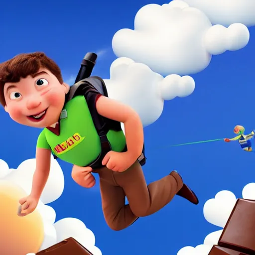 Prompt: a boy with a jetpack flying above a sea of chocolate, white background, pixar animation style,