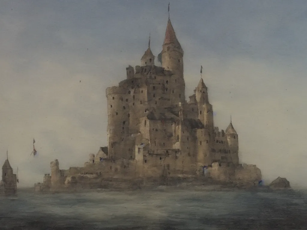 Image similar to a landscape painting of a castle on the ship