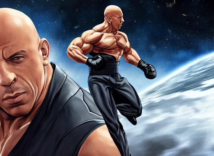 Image similar to landscape, long shot of vin diesel as saitama! punching!!! a car!!! through space, hyperrealism, trending on artstation