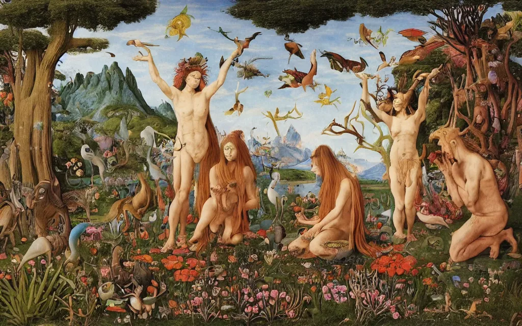 Image similar to a photograph of a meditating centaur shaman and a harpy mermaid feeding animals. surrounded by bulbous flowers, a few trees and wild animals. river delta with mountains and cliffs under a blue sky full of burning stars and birds. painted by jan van eyck, max ernst, ernst haeckel, ernst fuchs and artgerm. trending on artstation