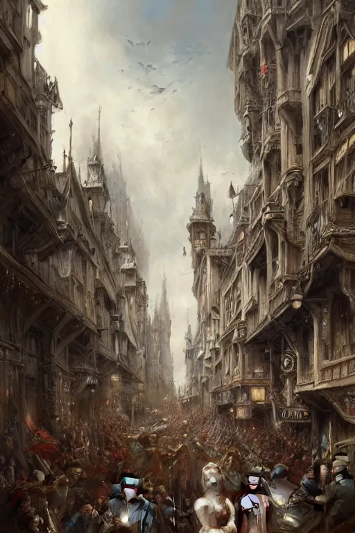 Image similar to medieval parade, holiday, by wlop, by luis royo, by peter mohrbacher, concept art, digital illustration, intricate, masterpiece, elegant, super detailed, unreal engine rendering, smooth, sharp focus, artstation hq