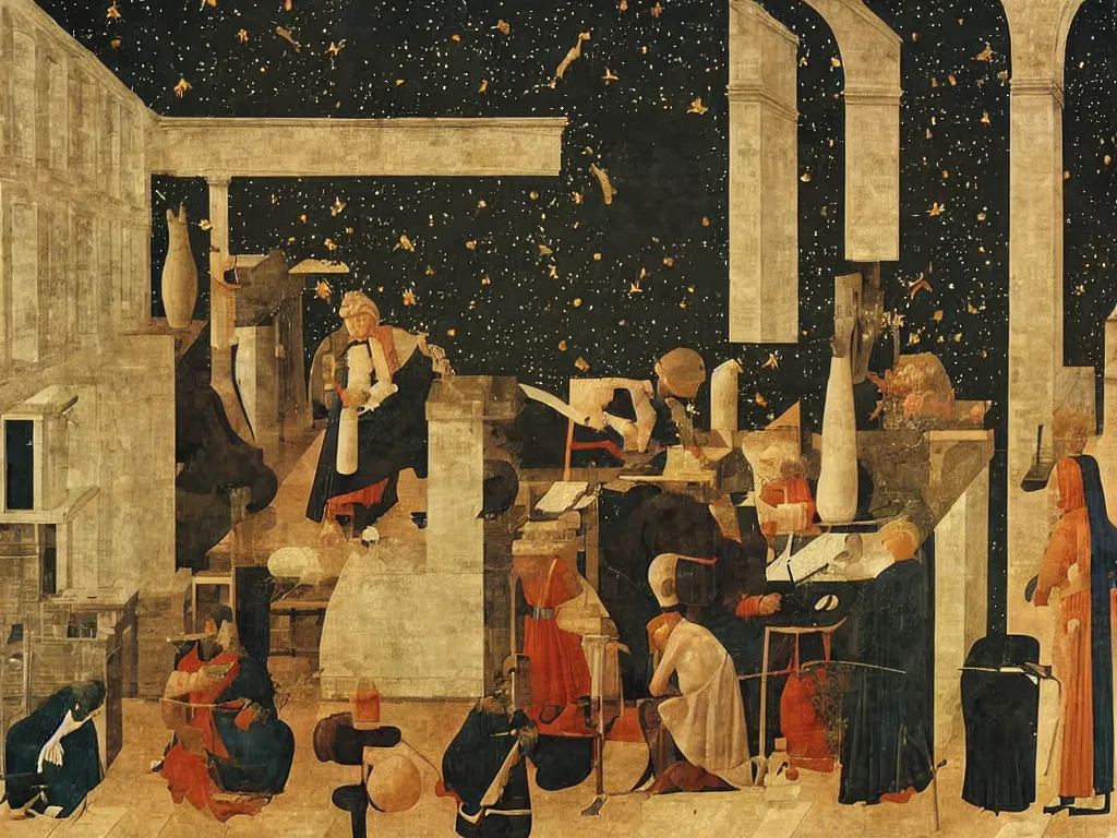 Image similar to obituary for an alchemist at night. painting by uccello paolo, piero della francesca