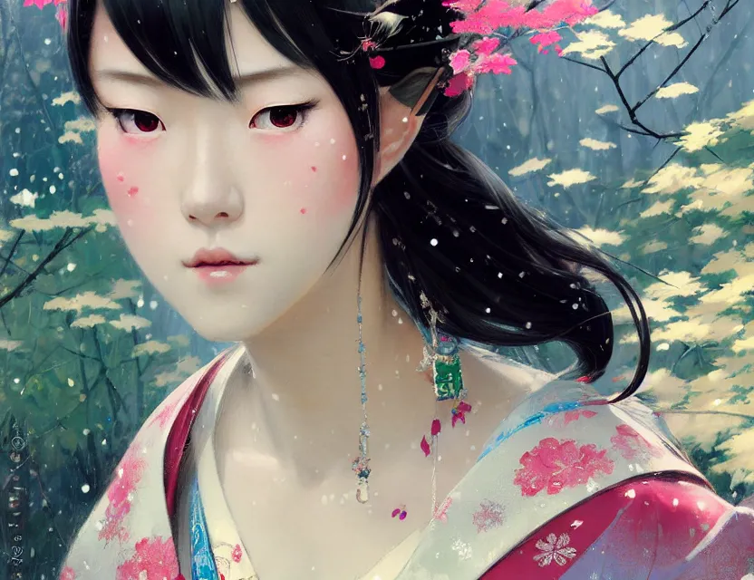 Image similar to a beautiful shibuya 1 0 9 female elf with haori and kimono decollete and jewelry | | snowy, realistic shaded, unpleasant face, channel, fasion, fine details, realistic shaded lighting poster by makoto shinkai, jeremy lipkin, michael garmash, magali villeneuve, artgerm, jeremy lipkin and michael garmash