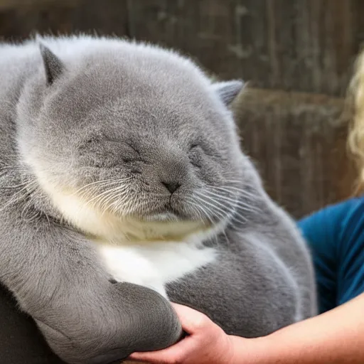 Prompt: incredibly fluffy cat sized pygmy manatee being cradled by a person, realistic, fantasy, pet, adorable, national geographic