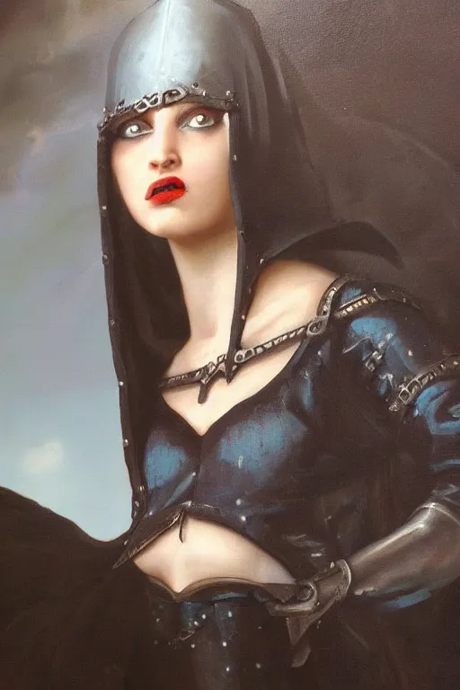 Image similar to hyperrealism oil painting, close - up portrait of european medieval brunette vampire fashion model, knight, steel gradient mixed with nebula sky, in style of baroque