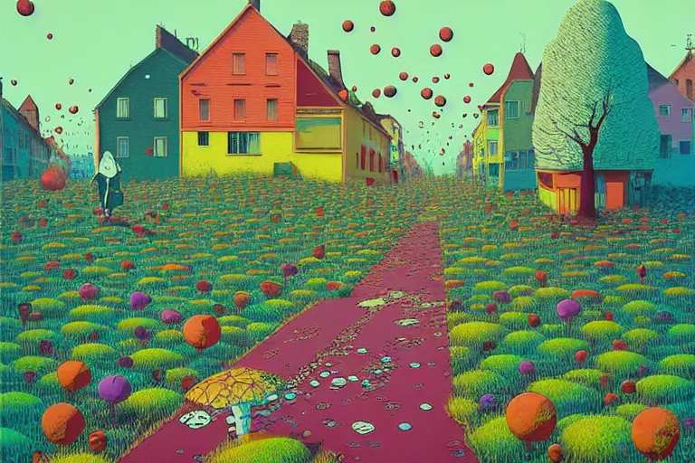 Image similar to surreal glimpse into other universe, walk walk eat eat, summer morning, very coherent and colorful high contrast, art by!!!! gediminas pranckevicius!!!!, geof darrow, floralpunk screen printing woodblock, dark shadows, hard lighting, stipple brush technique,