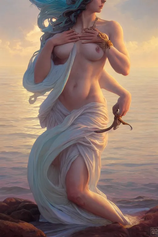 Image similar to goddess of the ocean, accurate anatomy, only two hands, highly detailed, digital painting, artstation, concept art, smooth, sharp focus, illustration, Unreal Engine 5, 8K, art by Artgerm and greg rutkowski and alphonse Mucha