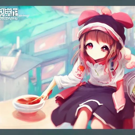 Image similar to happy cute anime girl eats dumplings, concept art, trending on artstation, highly detailed, intricate, sharp focus, digital art, 8 k