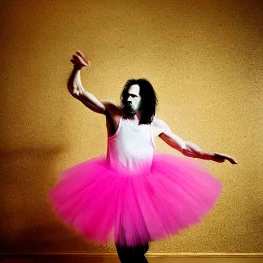 Prompt: nick cave in a pink tutu, dramatic angle, studio photography