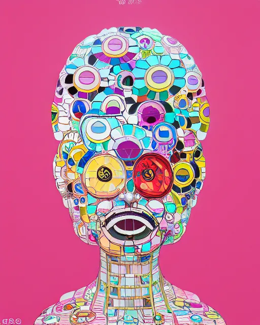 Image similar to A portrait of a woman with a dress designed by Takashi Murakami, fashion art by beeple