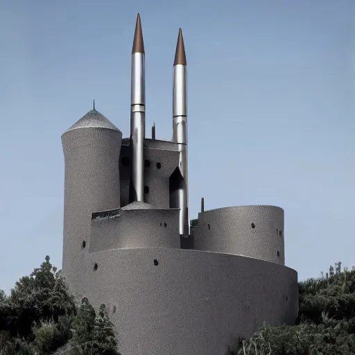 Prompt: photo of a modern metal castle with ballistic missiles on the roof