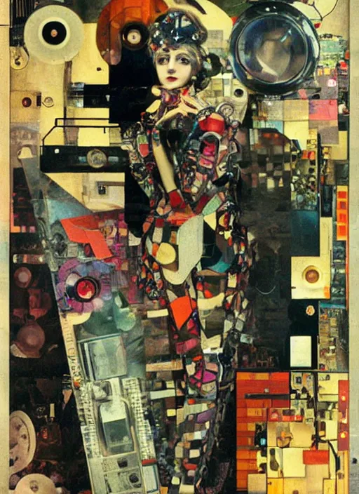 Image similar to cute punk goth fashion fractal mecha blonde girl wearing a television tube helmet and kimono made of circuits and leds, Techno surreal Dada collage by Man Ray Kurt Schwitters Hannah Höch Alphonse Mucha Beeple