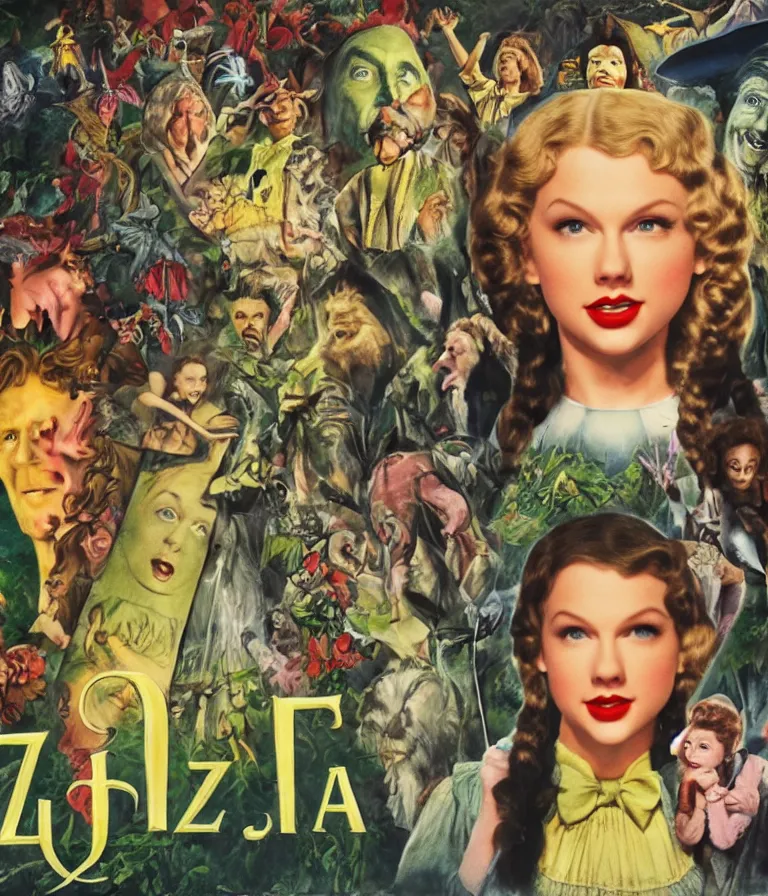 Prompt: Beautiful Fantasy Movie Poster made for the film The Wizard of Oz (1941) starring Taylor Swift and Mark Zuckerberg, minimalist oil paint and ink and photograph collage by Man Ray and Marcel Duchamp , Vivid color trending on artstation Cinematic lighting collage!! 8k