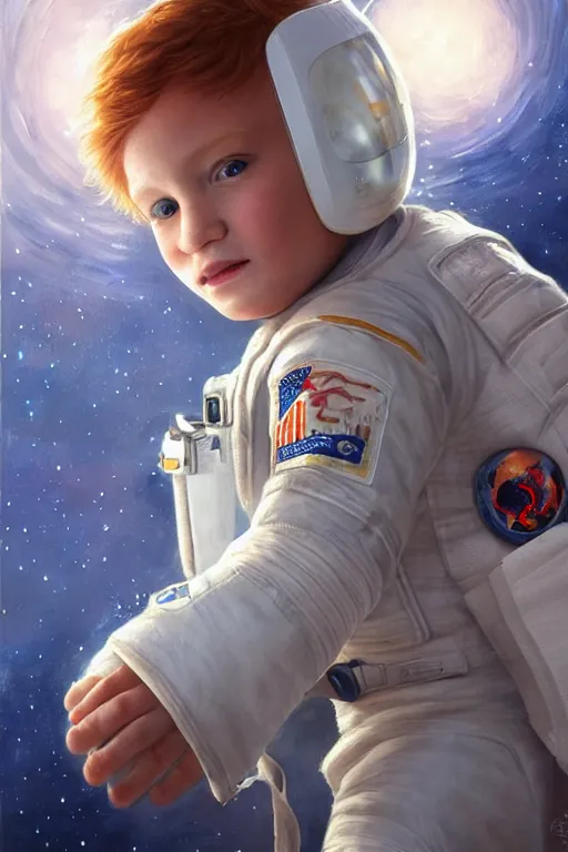 Prompt: a little boy with a michievous face and ginger hair. he is an astronaut, wearing a space suit. clean elegant painting, beautiful detailed face. by raymond swanland and artgerm and greg rutkowski