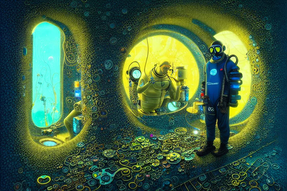 Image similar to gediminas pranckevicius detailed portrait of a cyberpunk scuba diver inside a dmt portal by james r eads and tomasz alen kopera