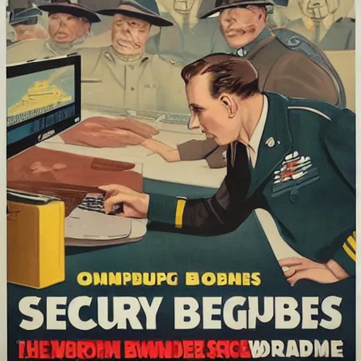 Image similar to + a security guard slumps sleeping at a computer + while a bumblebee carries a brown briefcase in the background, highly detailed, ww 2 american propoganda poster, colorized