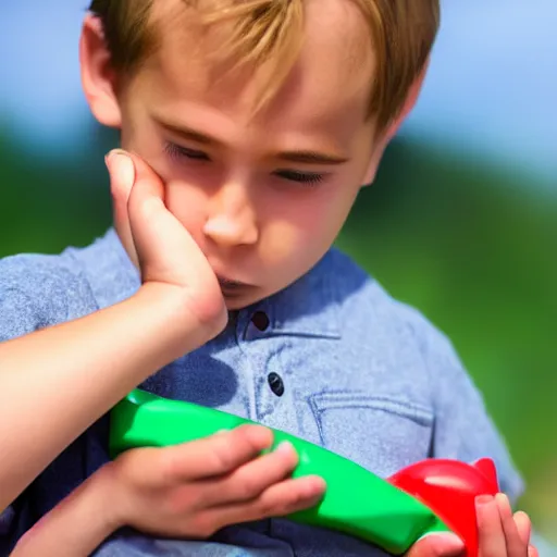 Image similar to boy holding airplane toy in his hand. hands, face, fingers. detailed, realistic, photorealistic.