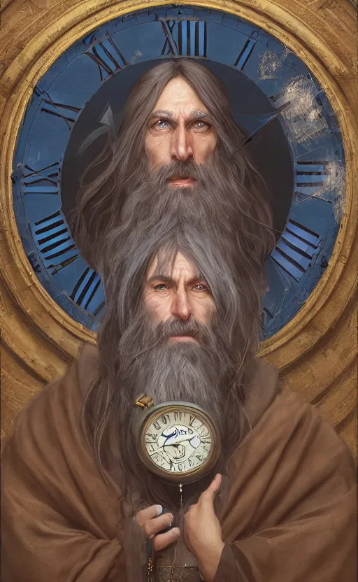 Image similar to portrait of a middle aged elf with a long beard, dressed in a blue cloak with clock iconography, brown hair, raised hand, detailed face, fantasy, highly detailed, cinematic lighting, digital art painting by greg rutkowski