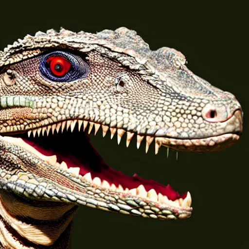 Prompt: close up of a velociraptor with tegu skin