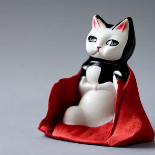 Prompt: demure anthropomorphic cat figurine wearing a kimono