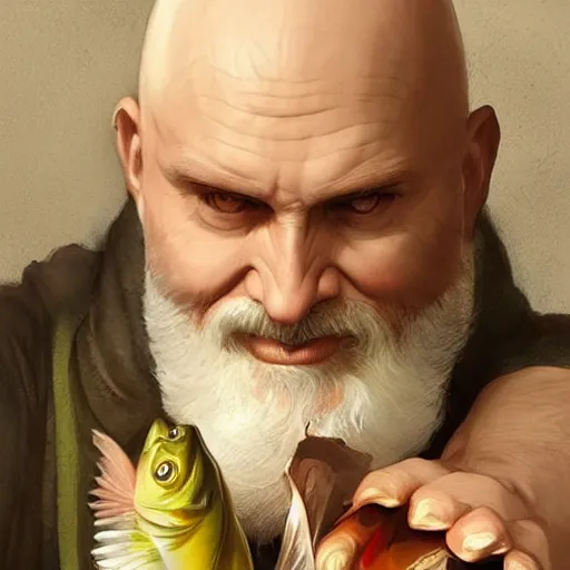 Image similar to wow! fanart bearded and bald man with a fish in his hand, d & d, high fantasy, detailed, digital art, artstation, smooth, sharp focus, art by artgerm, greg rutkowski, alphonse mucha