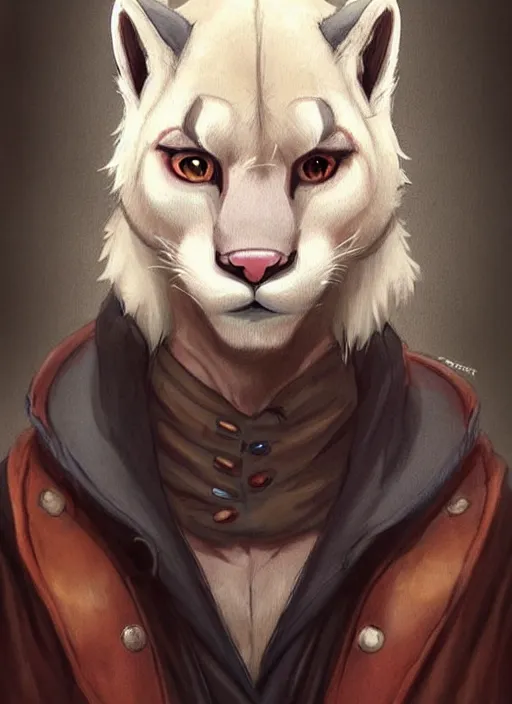 Prompt: beautiful portrait commission of a male furry anthro!!! albino mountain lion with dark red eyes and black nose markings wearing old-timey miner's clothes. Atmospheric. Character design by charlie bowater, ross tran, artgerm, and makoto shinkai, detailed, inked, western comic book art