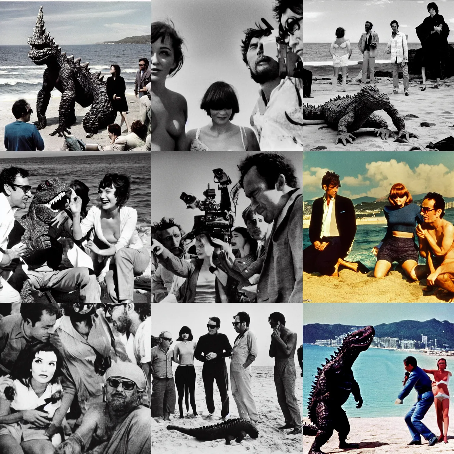 Prompt: photoshoot in technicolor of godzilla on a beach in cannes. godzilla is at the center surrounded by jean - luc godard and anna karina. in color. close - up on godzilla, jean - luc godard and anna karina