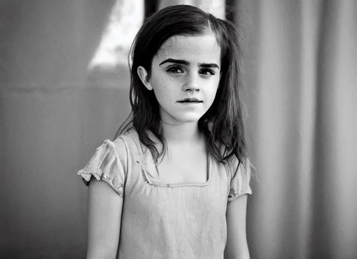 Image similar to professional fine detailed photo portrait of young emma watson from makhachkala, dagestan. kid emma watson in the postsoviet suburbia, iphone photo, instagram, black and white - - cfg _ scale 7