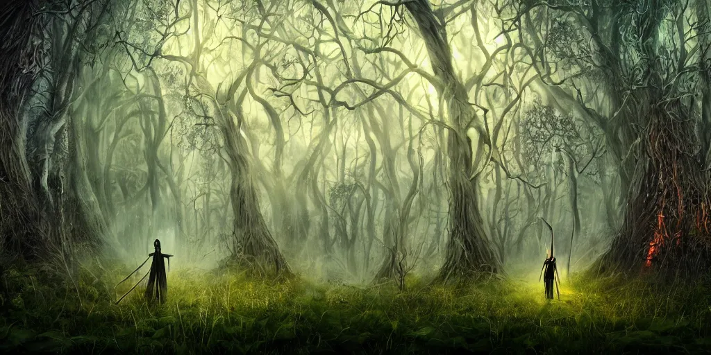 Prompt: a gothic wizard of old walking through an open field with his staff in a beautiful forest of ancient neurons with yellow and pink glowing synapses running through the forest, light creeps through the dense green jungle, huge incredibly immense trees, highly detailed, hyperrealism, trending on art station, ancient forest like fanal forest or fangorn forest, misty forest, realistic painting, sharp image, hyper realistic art, highly detailed leaves, cinematic, art by konstantin razumov, chiaroscuro