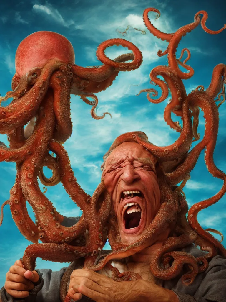 Image similar to a widescreen colorchrome closeup detailed portrait photo of a medieval old happy screaming priest, holding a detailed detailed detailed giant giant octopus, style steve mccurry octane render 8 k