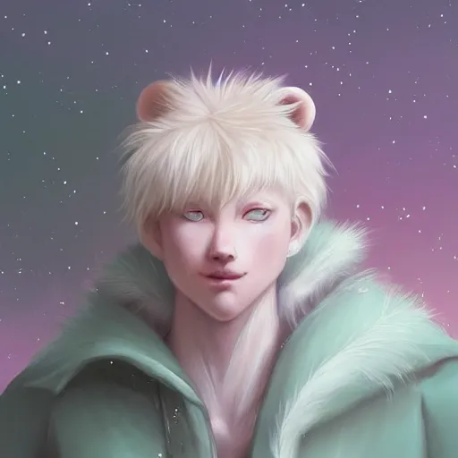 Prompt: aesthetic portrait commission of a albino male furry anthro lion wearing a cute mint colored cozy soft pastel winter outfit, winter atmosphere. character design by charlie bowater, ross tran, artgerm, and makoto shinkai, detailed, inked, western comic book art, 2 0 2 1 award winning painting