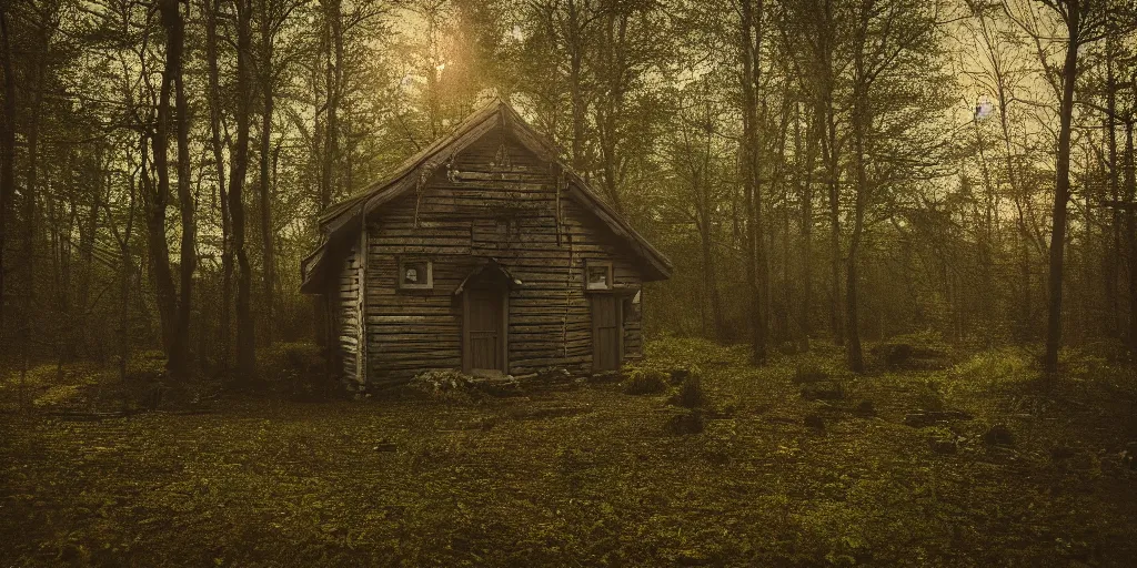 Image similar to a cottage in the woods and empty woods, 80mm lens, 8k, fantasy, hyper realistic, dramatic lighting, cinematic