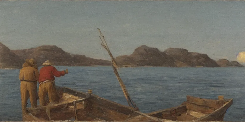 Image similar to old fisherman at work on his boat. early morning. late 1 9 th century. oil on canvas.