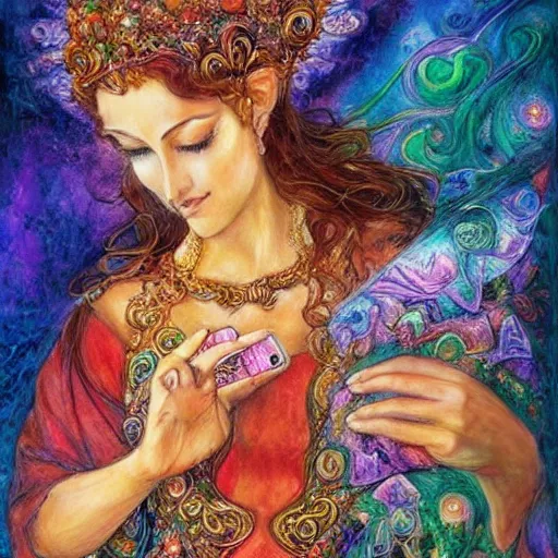 Image similar to goddess checking her phone, by josephine wall, trending on artstation, amanda sage