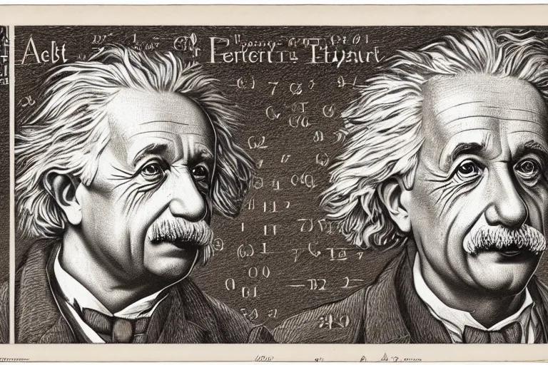 Image similar to an engraved portrait of albert einstein surrounded by intricate equations of theory of relativity, detailed!!! copper - plate engraving in the style of a postage stamp, fine!!! lines, engraved by alfred sealey, bureau of engraving and printing